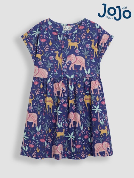 JoJo Maman Bébé Cornflower Blue Safari Animals Button Front Dress (AU4619) | £22 - £25