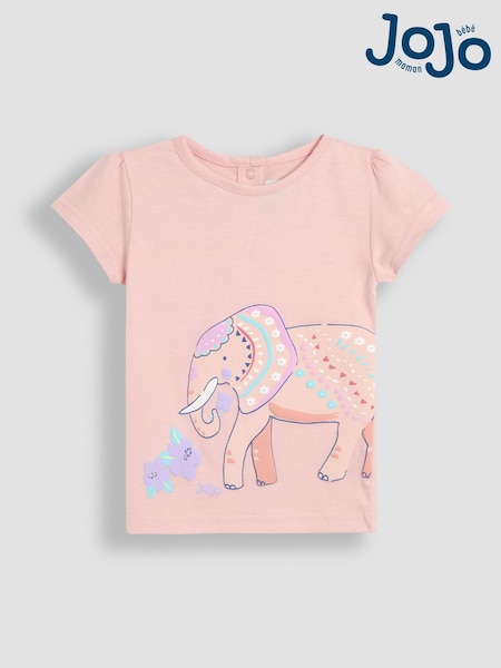 JoJo Maman Bébé Coral Pink Elephant Printed 100% Cotton T-Shirt (AU4626) | £13 - £16