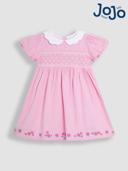 JoJo Maman Bébé Pink Bud Floral Embroidered Smocked Party Dress (AU4645) | £39 - £45
