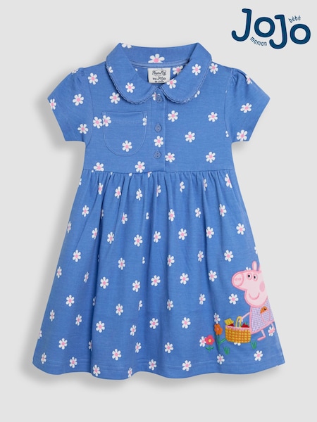 JoJo Maman Bébé Blue Peppa Pig Appliqué Button Front 100% Cotton Dress (AU4657) | £24 - £27