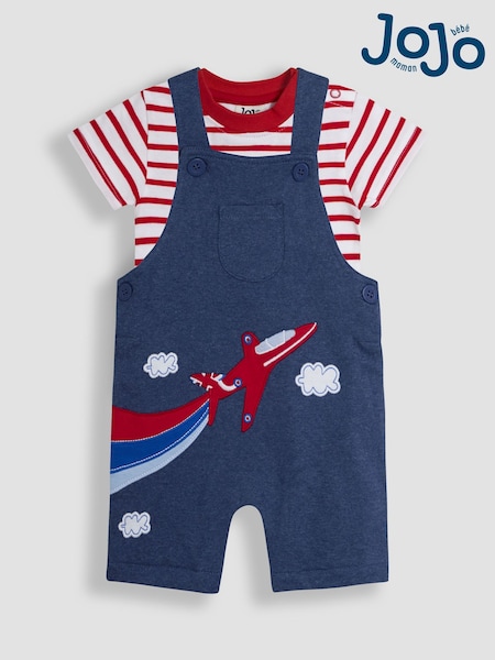 JoJo Maman Bébé Marl Blue Tractor 2-Piece Red Arrows Dungarees & T-Shirt Set (AU4658) | £29 - £30