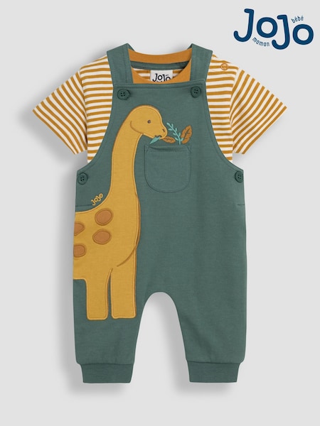 JoJo Maman Bébé Khaki Diplodocus 2-Piece Appliqué Dungarees & T-Shirt Set (AU4660) | £27 - £28