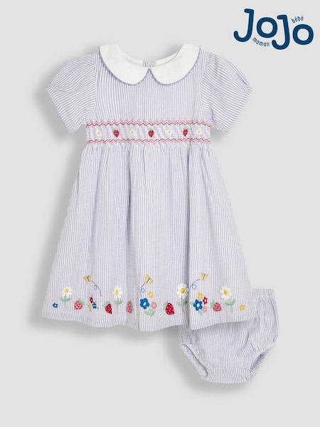 JoJo Maman Bébé Lilac Purple Strawberry Seersucker Appliqué Smocked Dress (AU4665) | £32 - £36