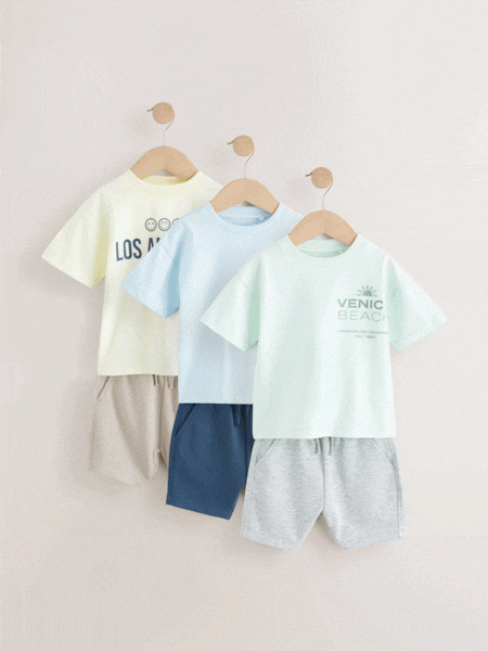 Multi Pastel 100% Cotton Short Sleeve T-Shirts & Shorts Set 3 Pack (3mths-7yrs) (AU4694) | £28 - £32