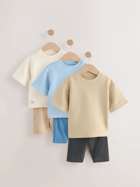 Multi Neutral Short Sleeve Textured T-Shirts & Cycling Shorts 3 Pack (3mths-7yrs) (AU4703) | £30 - £34