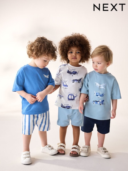 Blue Transport 100% Cotton Short Sleeve T-Shirts & Shorts Set 3 Pack (3mths-7yrs) (AU4710) | £28 - £32