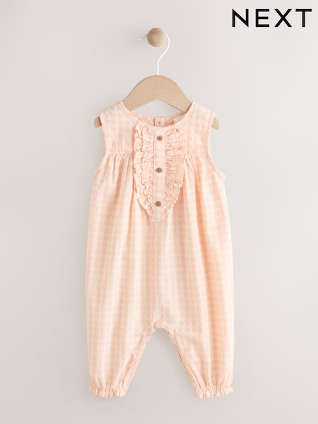 Peach Pink Gingham Baby Frill Front Romper (0mths-2yrs) (AU4727) | £13 - £15