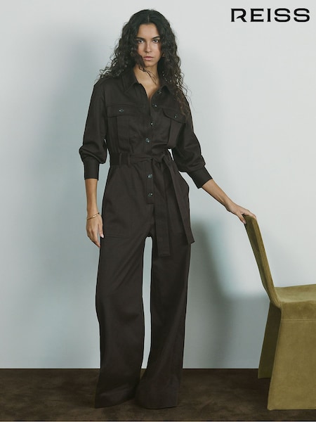 Reiss Burgundy Anais Wide Leg Utility Jumpsuit (AU4867) | £248