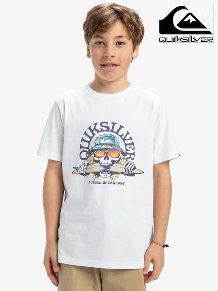 Quiksilver White Youth Skull Feast Short Sleeve Graphic Logo 100% Cotton T-Shirt (AU4998) | £16