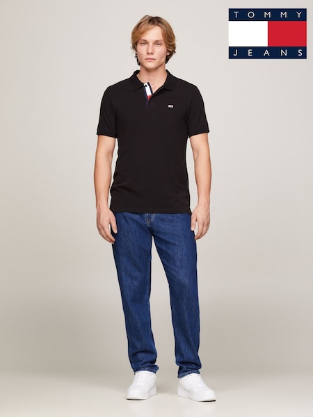 Tommy Jeans Black 100% Cotton Slim Placket Polo Shirt (AU5025) | £60
