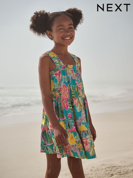 Green Tropical Print 100% Cotton Ruched Strap Sundress (3-16yrs) (AU5027) | £14 - £20