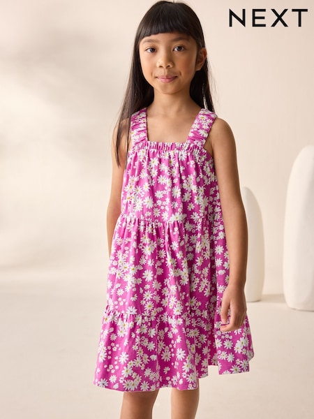 Pink Floral 100% Cotton Ruched Strap Sundress (3-16yrs) (AU5028) | £14 - £20