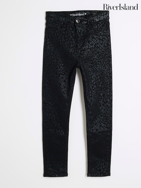 River Island Black Girls Leopard Print Coated Skinny 100% Cotton Jeans (AU5153) | £10.50