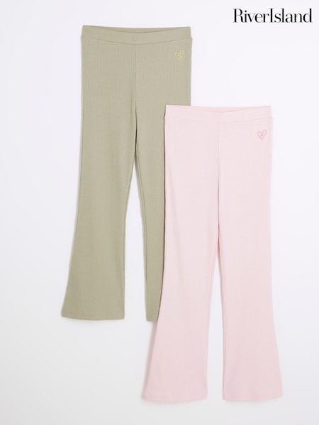 River Island Pink Girls Ribbed Kickflare 100% Cotton Trousers 2 Pack (AU5208) | £22