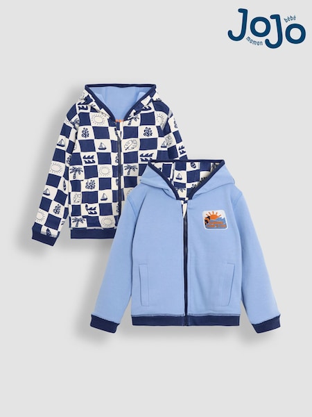 JoJo Maman Bébé Navy Surf Checkerboard Print Reversible 100% Cotton Hoodie (AU5329) | £27 - £30