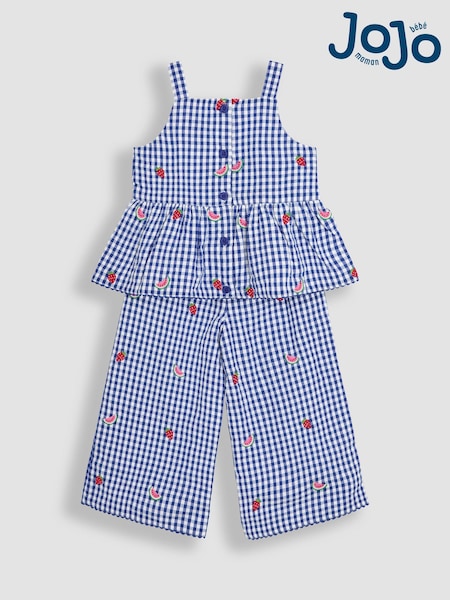 JoJo Maman Bébé Blue Strawberry 2-Piece Embroidered Top & Trousers Set (AU5332) | £30 - £36