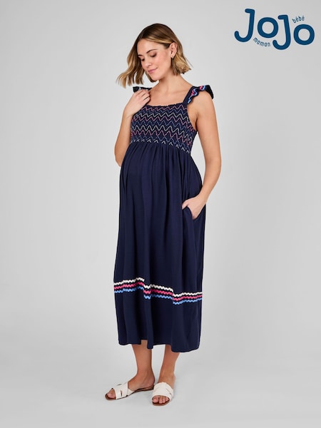 JoJo Maman Bébé Navy Frill Sleeve Shirred Maternity Midi Dress (AU5381) | £42.50