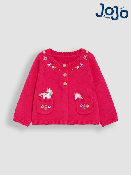 JoJo Maman Bébé Fuchsia Pink Unicorn Applique Pet in Pocket Character Cardigan (AU5382) | £26 - £29