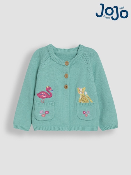 JoJo Maman Bébé Duck Egg Blue Safari Animals Applique Pet in Pocke Character Cardigan (AU5383) | £26 - £29