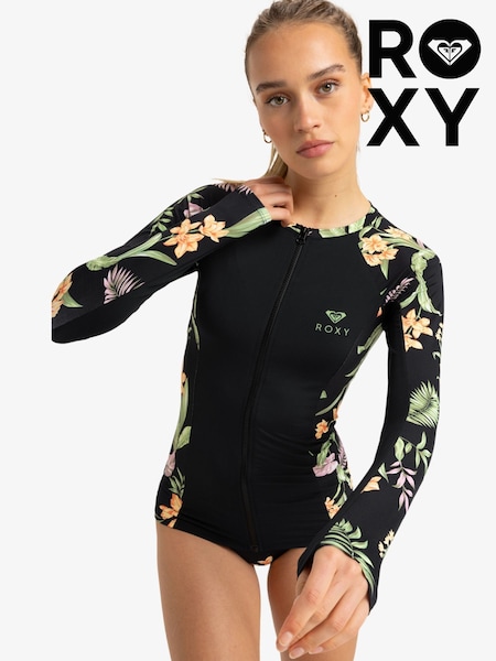 Roxy Black Tropical Print Long Sleeve Zip Logo Rash Vest (AU5407) | £45