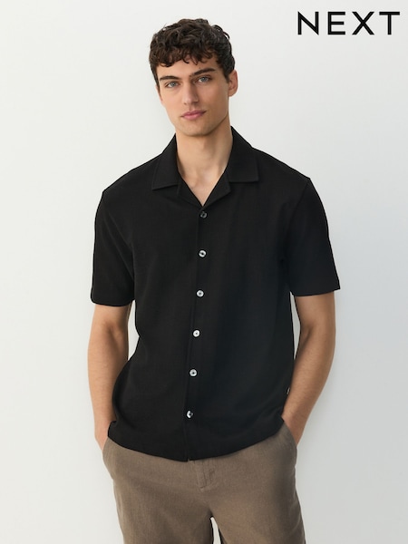 Black Crepe Cuban Collar Textured Jersey Short Sleeve Shirt (AU5446) | £32
