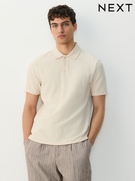 Ecru Regular Fit Textured Button Neck 100% Cotton Polo Shirt (AU5447) | £32
