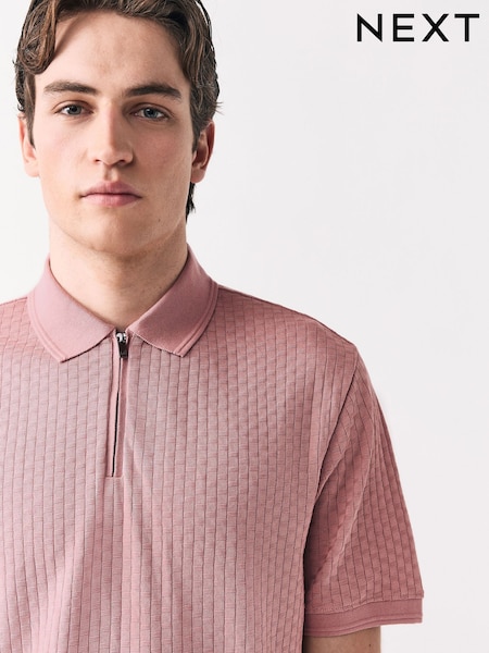 Pink Textured Zip Neck Polo Shirt (AU5455) | £26
