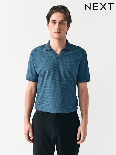 Blue Textured Cuban Collar 100% Cotton Polo Shirt (AU5456) | £26