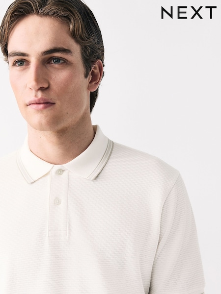 White Tipped Short Sleeve Textured Quarter Zip Polo Shirts (AU5457) | £25