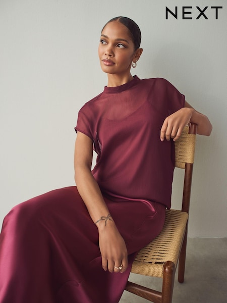 Burgundy Red Sheer Layer Cap Sleeve Top (AU5487) | £36