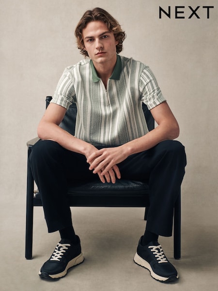 Sage Green Vertical Stripe Quarter Zip Polo Shirt (AU5502) | £30