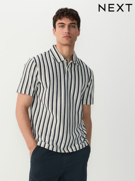 Navy Blue/Ecru Vertical Stripe Textured Polo Shirt (AU5506) | £32