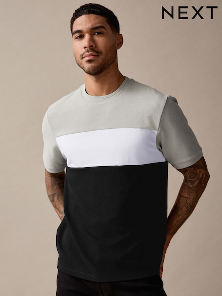 Black/Grey Textured Colour Block T-Shirt (AU5508) | £16