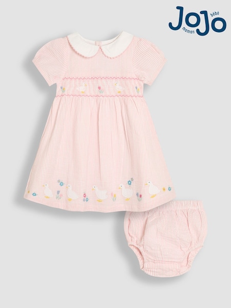 JoJo Maman Bébé Pink Duck Seersucker Appliqué Smocked Dress (AU5535) | £30 - £34