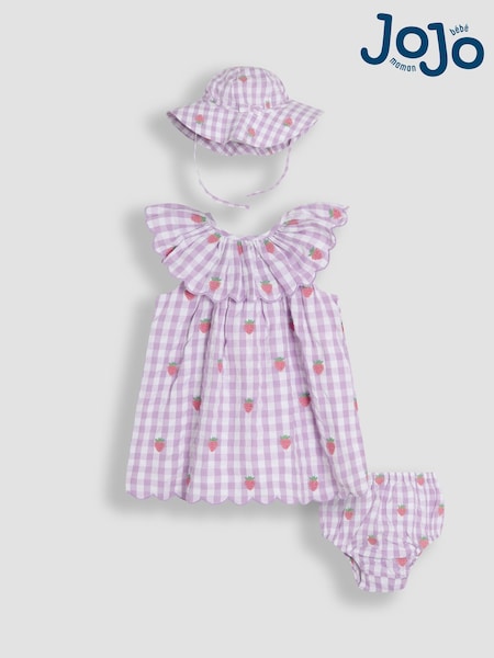 JoJo Maman Bébé Lilac Strawberry Embroidered 3-Piece Scallop Baby Dress, Knicker & Hat Set (AU5536) | £32 - £34