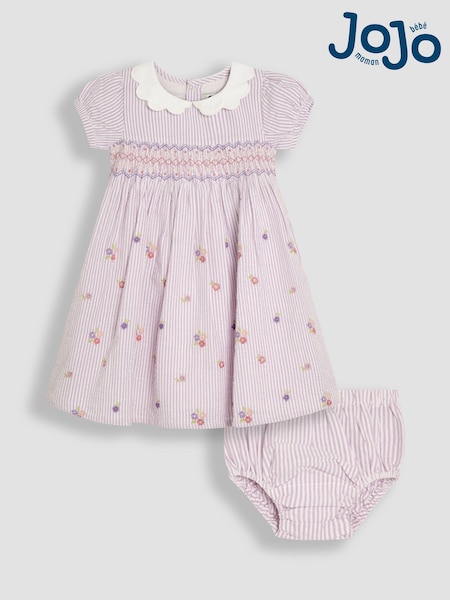 JoJo Maman Bébé Lilac Purple Floral Seersucker Embroidered Smocked Dress (AU5562) | £32 - £36