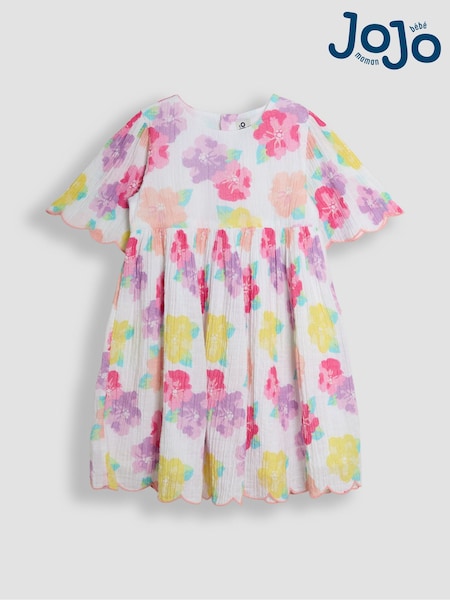 JoJo Maman Bébé Pink Tropical Floral Scallop Sleeve Dress (AU5572) | £27 - £30