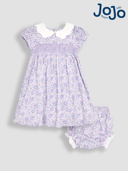 JoJo Maman Bébé Lilac Purple Floral Broderie Collar Party Dress (AU5584) | £38 - £44