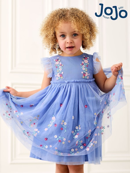 JoJo Maman Bébé Blue Ladybird Floral Frill Embroidered Tulle Party Dress (AU5587) | £37 - £43