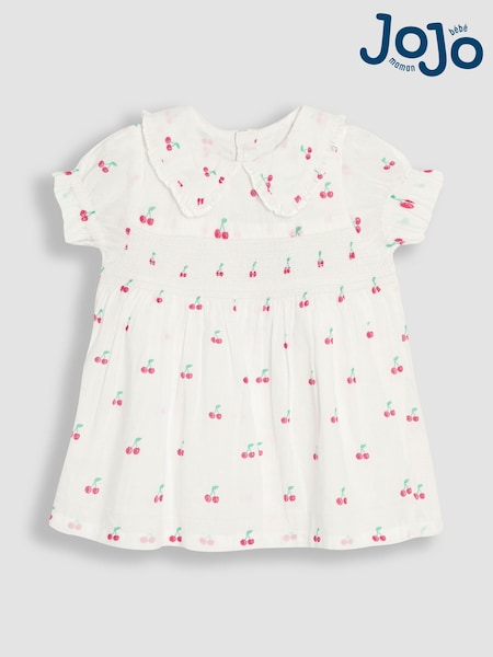 JoJo Maman Bébé White Cherry Peter Pan Collar Smocked Blouse (AU5598) | £18 - £21