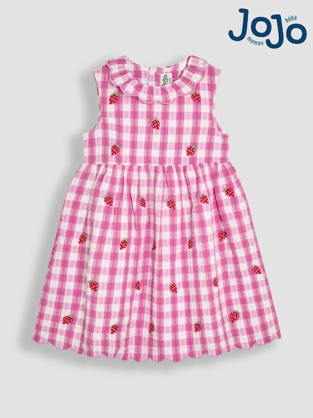 JoJo Maman Bébé Fuchsia Pink Strawberry Embroidered Summer Dress (AU5601) | £25 - £28