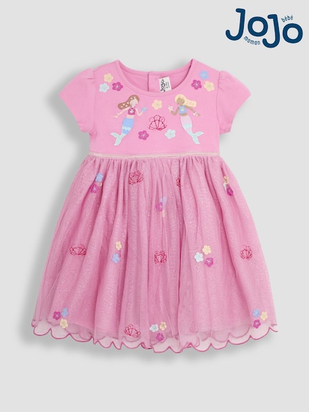 JoJo Maman Bébé Pink Mermaid Appliqué Tulle Party Dress (AU5613) | £34 - £40