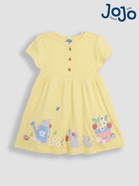 JoJo Maman Bébé Yellow Mouse Appliqué Button Front Dress (AU5616) | £22 - £25