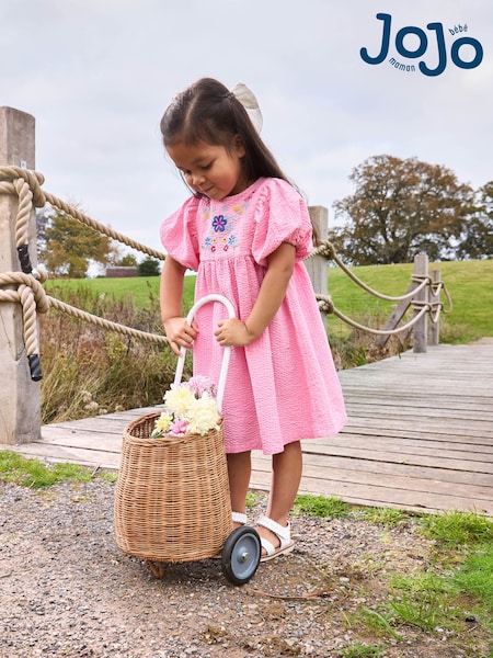 JoJo Maman Bébé Pink Floral Embroidered Balloon Sleeve Dress (AU5621) | £24 - £27