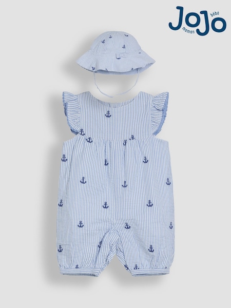 JoJo Maman Bébé Blue Stripe Nautical Embroidered Sunsuit & Hat Set 2 Piece (AU5624) | £30 - £31
