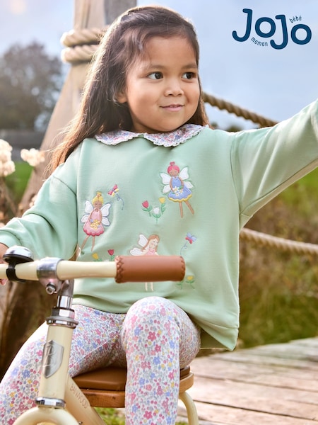 JoJo Maman Bébé Green Fairy Frill Collar Appliqué 100% Cotton Sweatshirt (AU5626) | £24 - £27