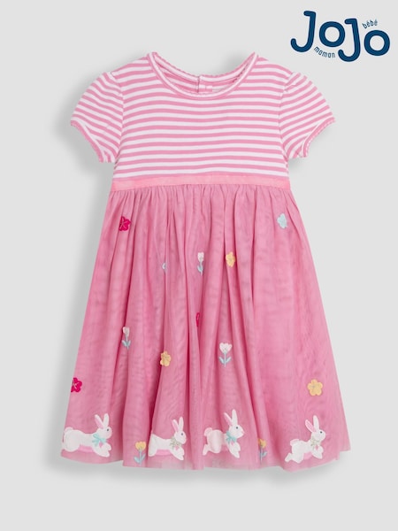 JoJo Maman Bébé Pink Bunny 100% Cotton Appliqué Hem Tulle Party Dress (AU5629) | £34 - £40