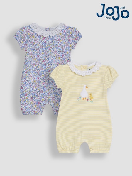 JoJo Maman Bébé Yellow Duck 2 Pack Broderie Collar Rompers (AU5731) | £30 - £32
