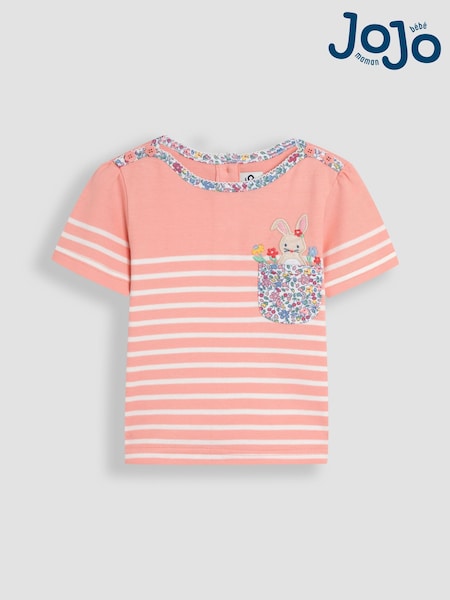 JoJo Maman Bébé Pink Bunny Appliqué Pocket Breton T-Shirt (AU5738) | £14 - £17