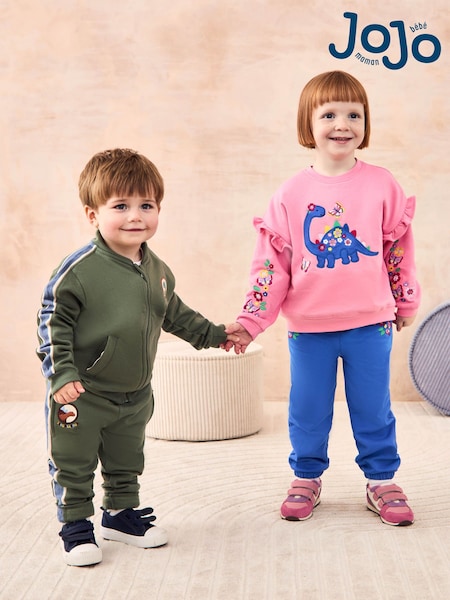 JoJo Maman Bébé Fuchsia Pink Dinosaur 2-Piece Frill Appliqué Sweatshirt & Joggers Set (AU5742) | £30 - £36